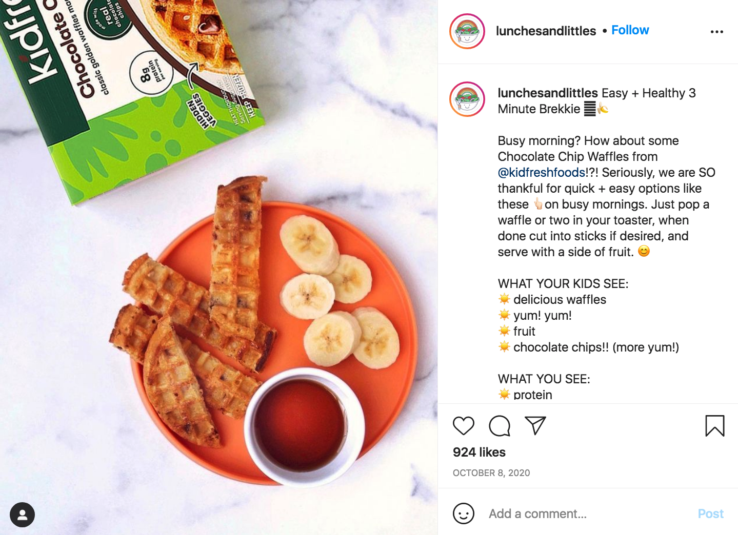 @lunchesandlittles shares a Instagram photo of breakfast waffles from @kidfreshfoods and uses the caption to share why she loves this food company